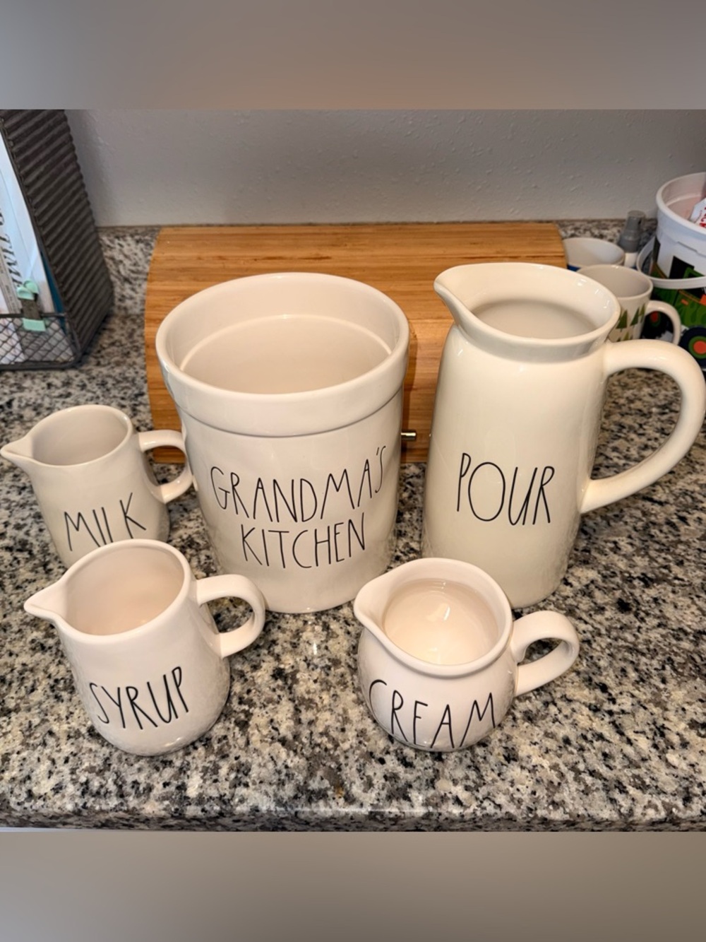 Rae Dunn set of 5-Grandma’s Kitchen, Cream, Syrup, Milk & Pour pitcher